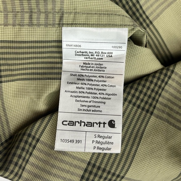 Carhartt Force Mens Relaxed Fit Button Shirt Small Plaid Short Sleeve Olive B4 - Picture 5 of 7